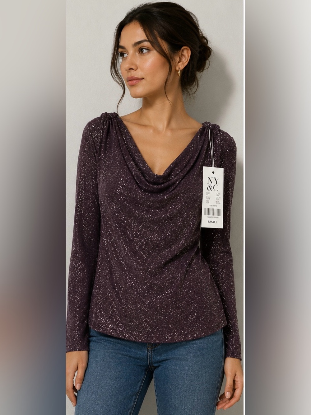 New York & Company Metallic Plum Cowl Neck Top NWT
